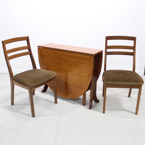 Mid Century Modern Drop Leaf Table & 2 Chairs: Danish Modern Style Drop Side Table and 2 Chairs , by British Maker Nathan Furniture Co.. This table features a very wide border around the top, chairs are ladder back and structurally sound. Measurem
