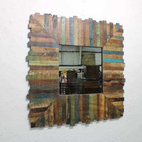 Patchwork wood framed square mirror.: New item, made from reclaimed or upcycled wood. Square mirror with a multi colored patchwork wood frame.