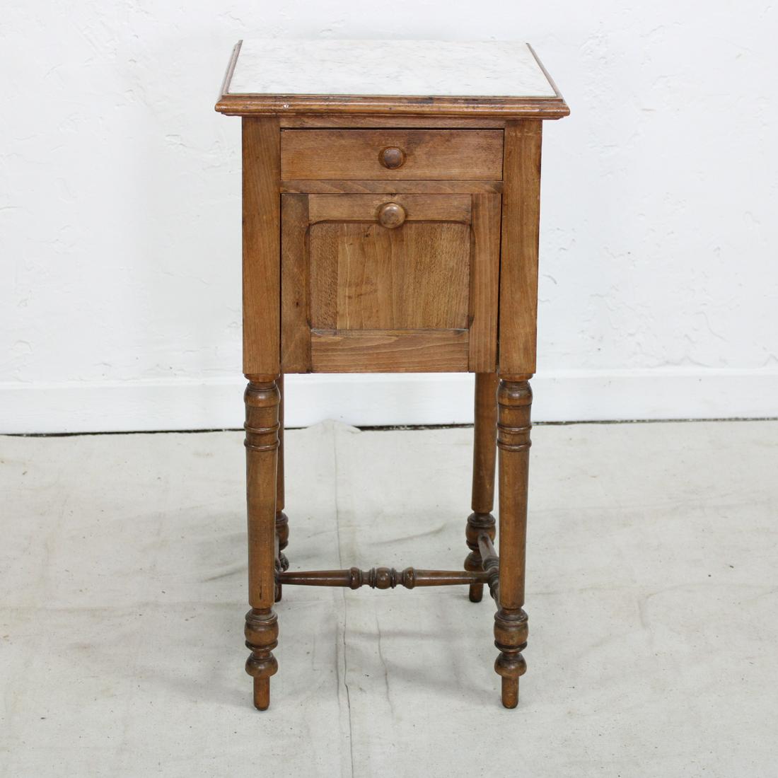 Louis XVI Style Pot Cupboard: Louis XVI white marble topped night stand in beech, porcelain lined