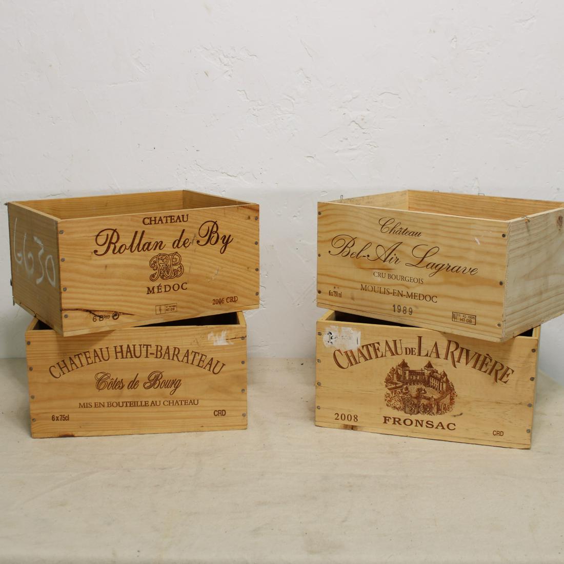 4 wood wine boxes: Collection of 4 French modern wooden wine crates. Measurement is for one crate, bidding is for all 4