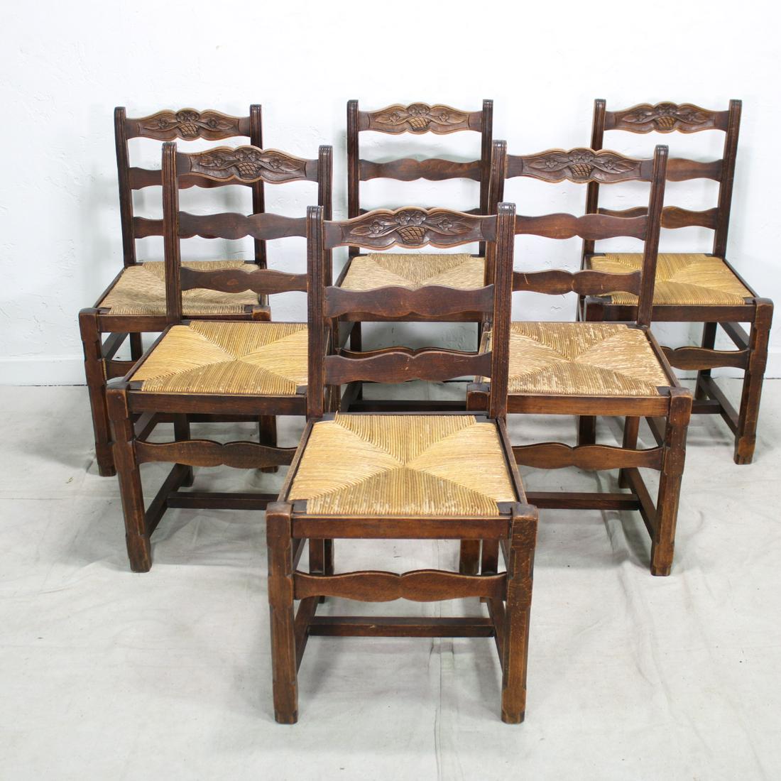 Set of 6 Carved Ladder Back Rush Seat Chairs (1 of 4)