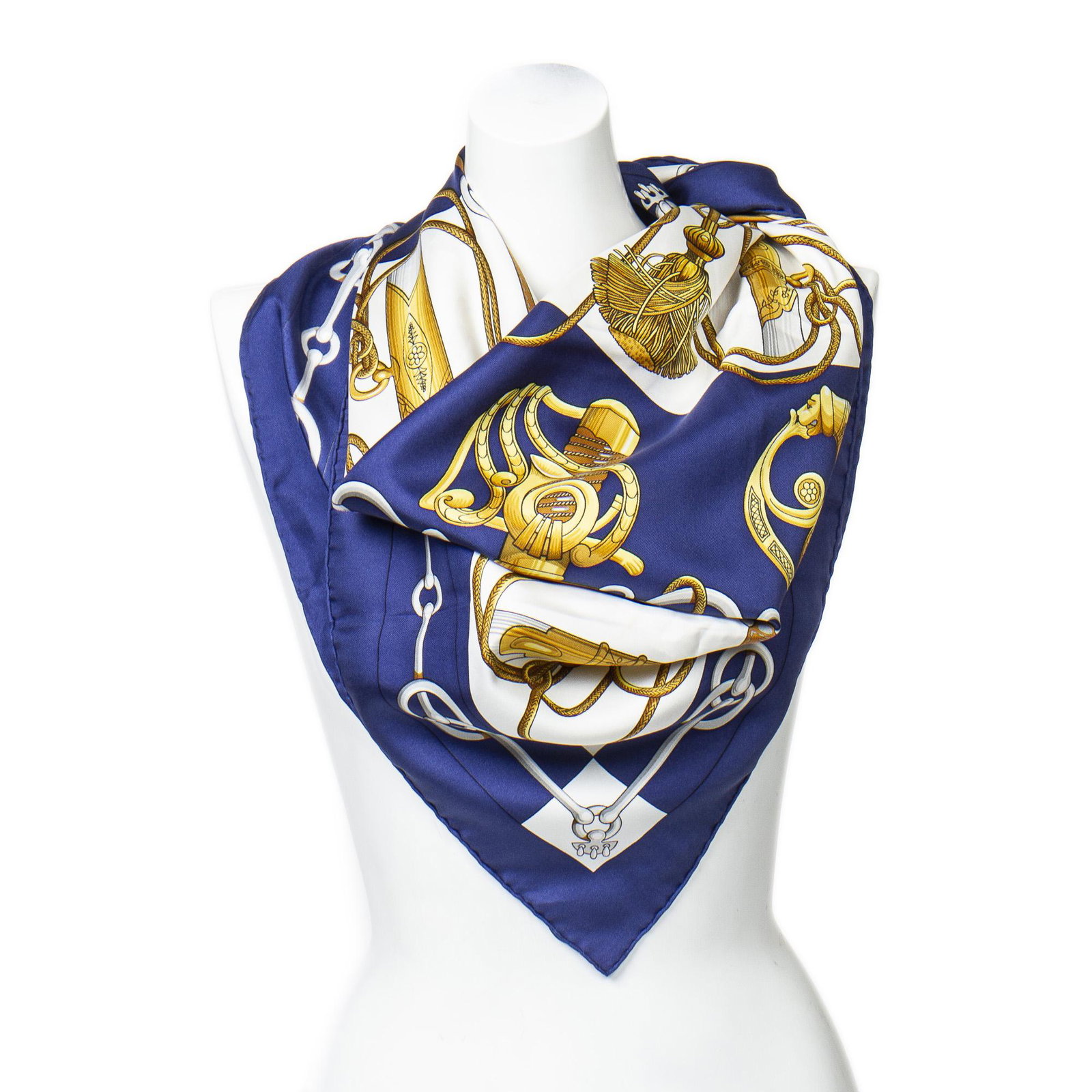 Hermes Scarf "Cliquetis" by Julia Abadie: Genuine Pre-Owned Hermes Scarf "Cliquetis" by Julia Abadie in Blue/Yellow/White 100% Twill Silk in AA condition. Measurements: 90*90cm (Length * Height * Width). This lot includes a certificate of aut