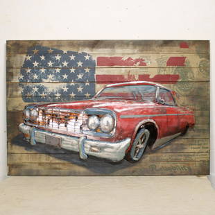 Wood & Tin Patriotic Car Art: New Item, this art features a wooden background with at Map of the US and a metal car mounted to the wood adding 3D element to the piece. 32 tall x 48 wide x 3 deep