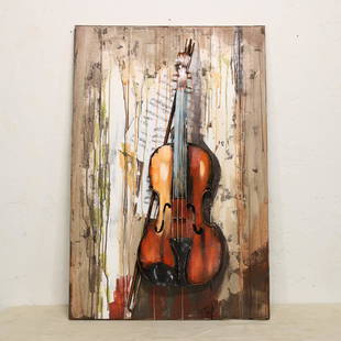 Wood & Tin Musical Art: New Item, this art features a wooden background with sheet metal and a metal violin mounted to the wood adding 3D element to the piece. 36 tall x 24 wide x 3 deep