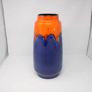 West German Studio Pottery Floor Vase: This is an oversize West German Pottery Vase in blue with a bold orange lava top. 17in tall