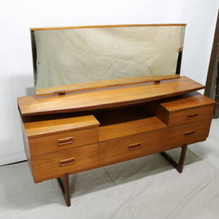 Mid Century Modern Dressing Table: This Danish Modern Style dresser with mirror is British. 49 in tall x 58 wide x 17 deep