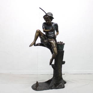 Whimsical Bronze fisher boy fountain: This Lifesize bronze depicts a boy with a fishing rod & dangling fish seated on a log, he is next a basket of 5 detailed fish, all are fountains.