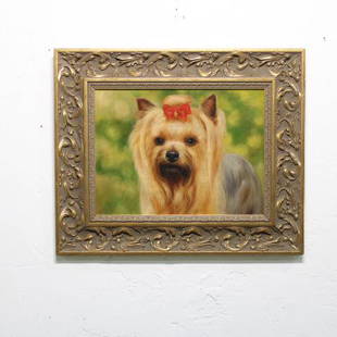 Yorkie Artwork: This yorkie artwork is a print on canvas in a gold frame