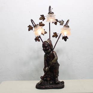 Garden Gnome Lamp: Garden Gnome Lamp with three floral glass shades. Converted with an American plug.