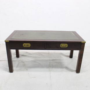 Campaign style leather top coffee table: Campaign style coffee table with brass hardware, green leather top & two drawers