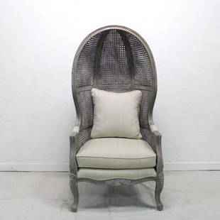 Painted porter chair with cane: New Item, Double caned balloon chair with linen upholstery, made of mahogany with a grey wash finish allowing the wood grain to be seen.