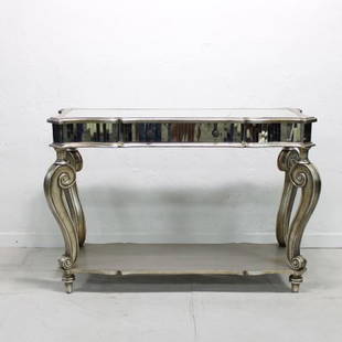 Platina mirrored console table: New item, This mirrored console table has one drawer and champagne metallic (Platina) finish. This console is finished all around and could be used as a center table or entry table