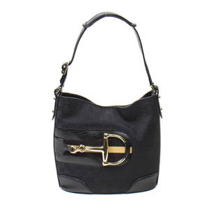 Gucci Jacquard Horsebit Hobo Bag: Preowned designer handbag - Gucci Brand in Black Leather and Monogrammed Canvas - includes Certificate of Authenticity from BrandCo Paris.