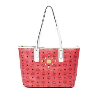 MCM Pink and White Tote: Preowned designer handbag - MCM Brand - Bi Color Tote in Pink Visetos Coated Canvas and ivory leather - includes Certificate of Authenticity from BrandCo Paris.