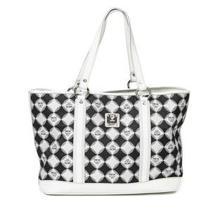 MCM Large Black and White Tote: Preowned designer handbag - MCM Brand - Large Black and White Tote in Monogrammed Canvas and white grained leather - includes Certificate of Authenticity from BrandCo Paris.