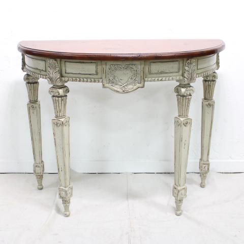 Habersham style console with natural top.: New Item, This half moon console table has a parchment color painted finish with a natural top