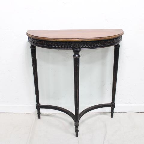 Smaller Habersham style console with natural top. #1: New Item, This half moon console table has a Black painted finish with a natural top