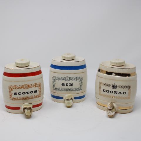 Collection of three small Spirit jugs: Collection of three Vintage spirit barrels: Scotch, Gin & Cognac, measurements are per item, weight is for all three items. Bid Price is for the collection. Marked Wade, Royal Victorian
