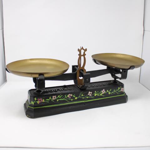 Painted French Balance Scale: A Vintage French balance scale with brass pans, barge painted in a floral motif