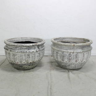 Pair of Whitewashed Urns: New Items, Pair of round urns with a white wash finish. Terra Cotta. Measurement is for one urn, bidding is for the pair