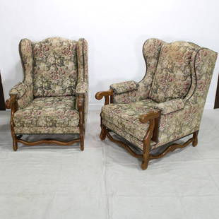 Pair of Louis XIII Armchairs: Huge Louis XIII style lambs leg armchairs with floral unholster in Beech. Sent to us directly from France. Very similar to lot 56