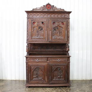 Breton Style Buffet Deux Corps: Breton style Double Buffet with carved personage detail in solid chestnut