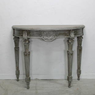 Grey Washed 1/2 Moon Console: New item, this is a demi lune console with carved legs in a " Mystic Grey" Finish