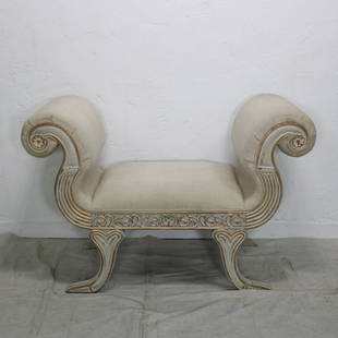 White Scroll Bench: New Item, Scroll side bench in a white chalk paint finish with gold accents