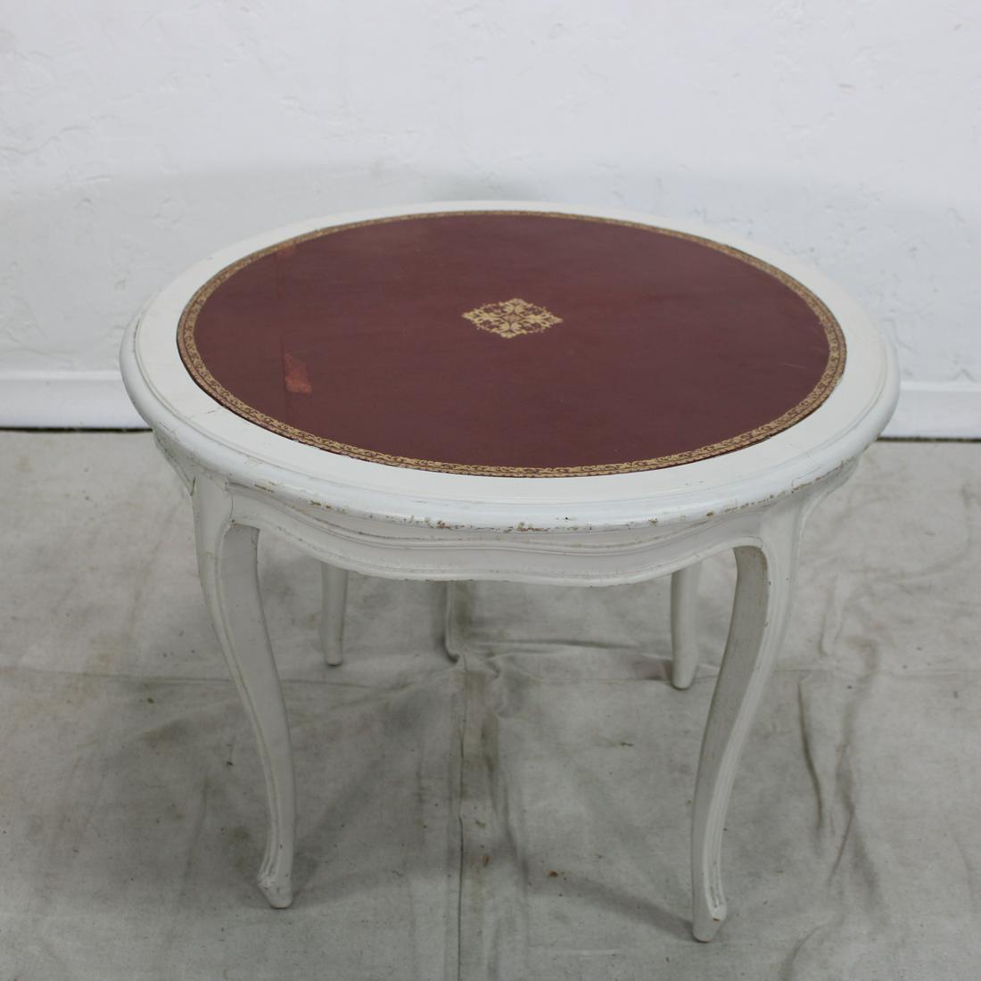 Louis XV painted coffee table: Louis XV style round painted coffee table with red leather top in cherry