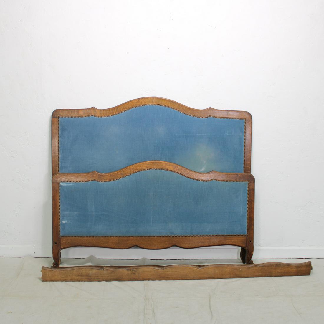 French Louis XV Bed: French Louis XV Bed with vintage blue upholstery in Oak.