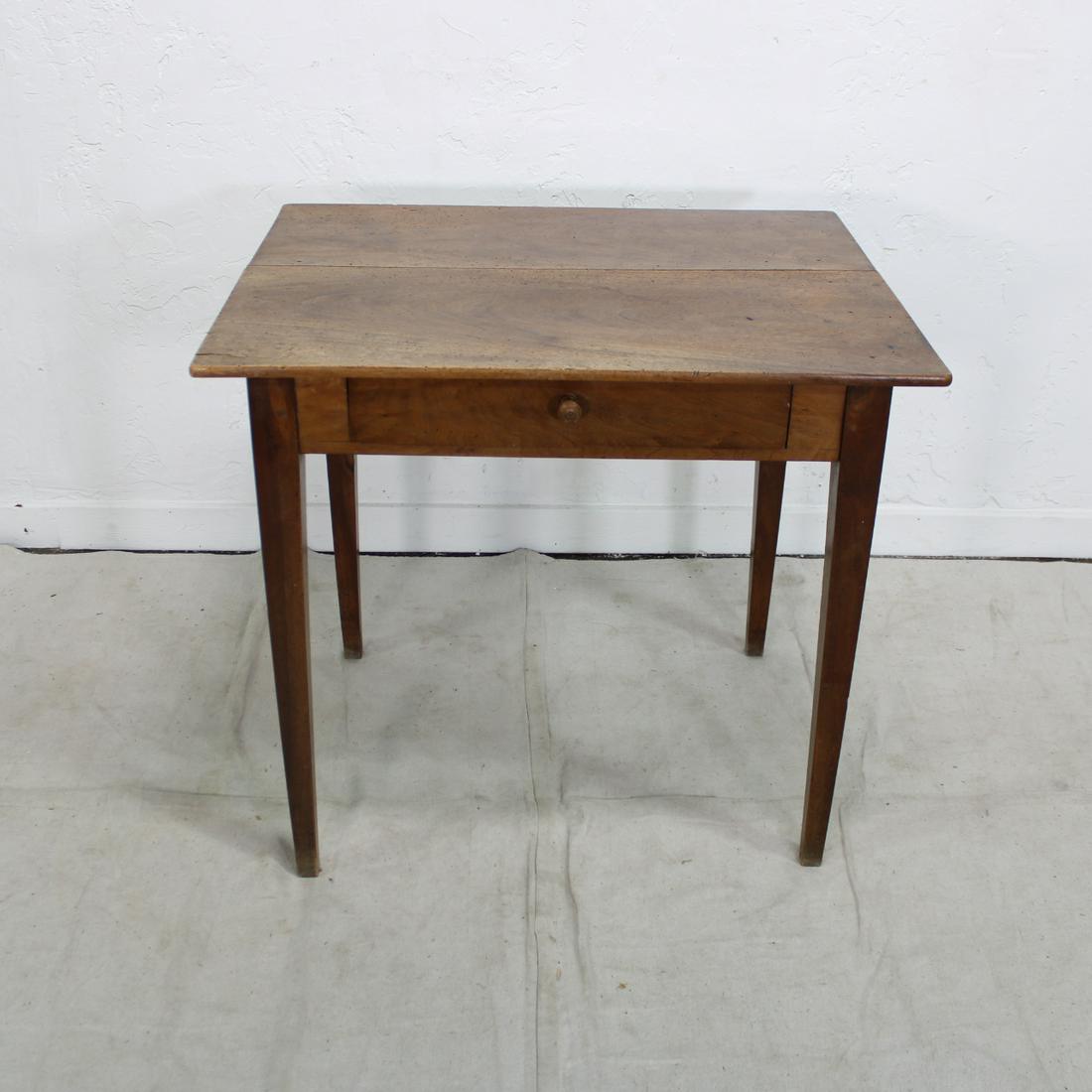 Rustic French Table: Louis Philippe style rectangular side table with a single drawer in walnut