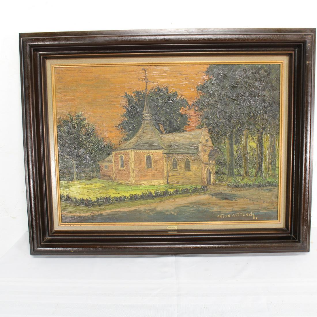 European Oil Painting on Canvas featuring a small: European Oil Painting featuring a small church on a road by a forest in a wood frame. Signed Anton Wittoeck 29 tall x 37 wide x 3 deep