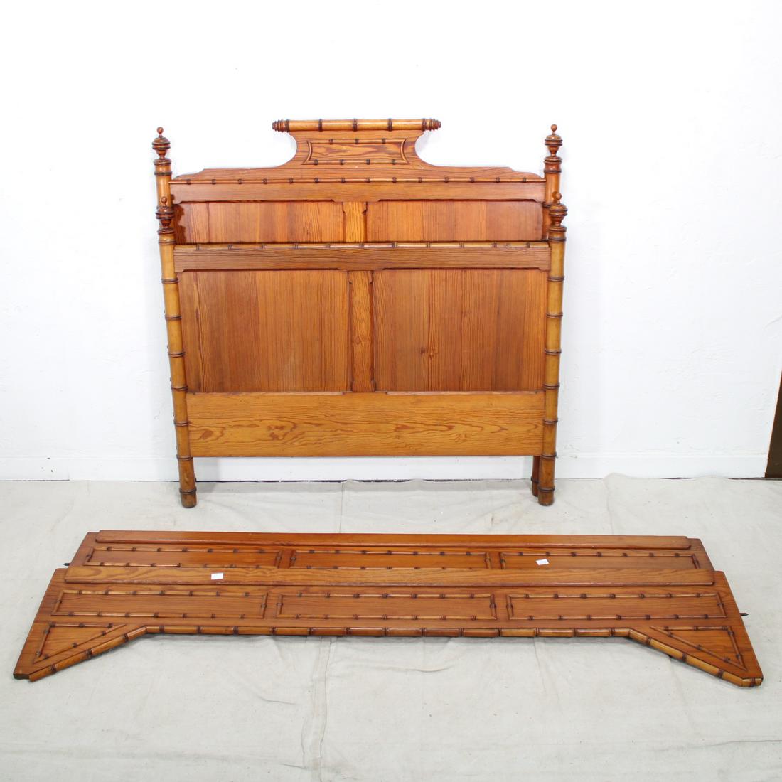 Faux Bamboo Bed from France: Faux Bamboo Bed from France. Headboard is 60 in tall x 50in wide. Length of section for mattress is 62in . This bed is a French size that could easily be converted to an American Twin or Full size. Th