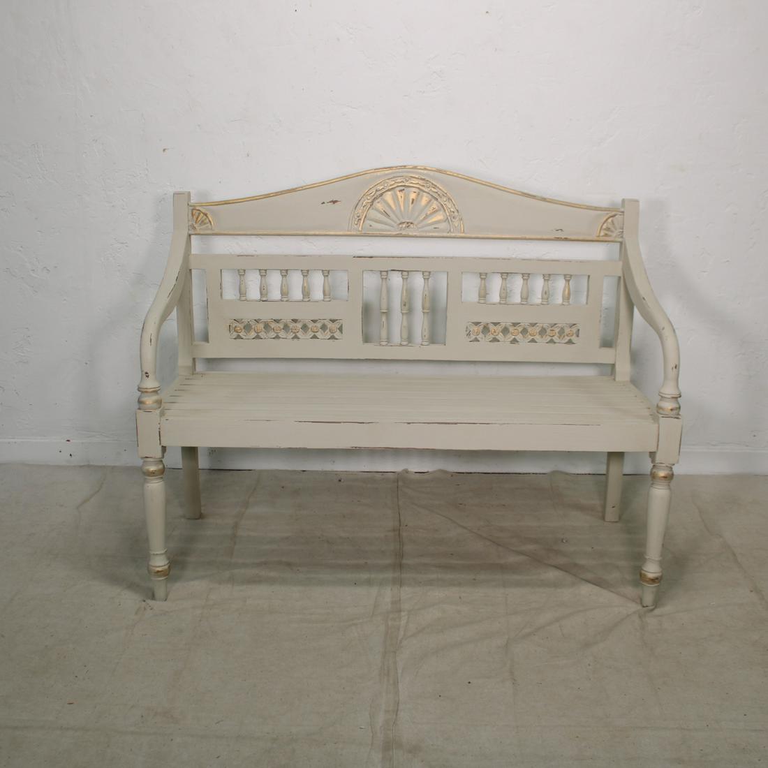 Carved Teak Bench - White Chalk Paint, Gold Accent (1 of 4)