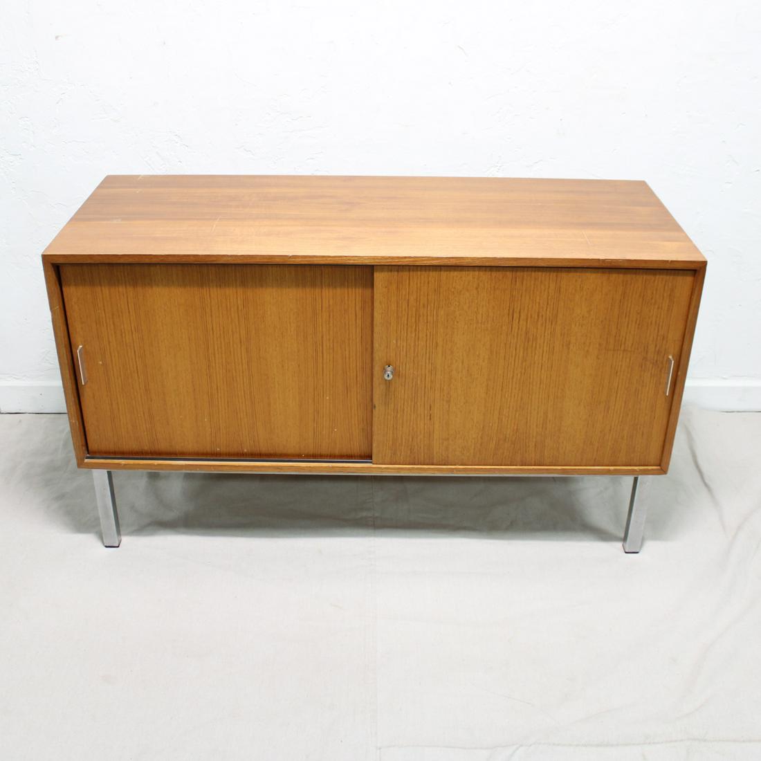 Sliding Door Mid Century Credenza with interior drawers: Danish Modern Style Sliding Door Mid Century Credenza with interior drawers from England, possibly by Stagg Furniture - 28 in tall x 49 wide x 19 deep - No Key