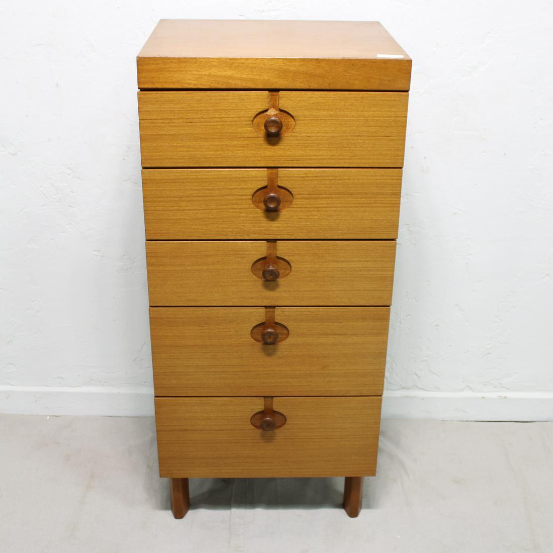 Mid Century Modern 5 Drawer Tall Chest by Nathan: This Danish Modern Style tall chest is British and made by Mid Century Modern Furniture Maker Nathan. 46 in tall x 21 wide x 19 deep - Matches Lot 21