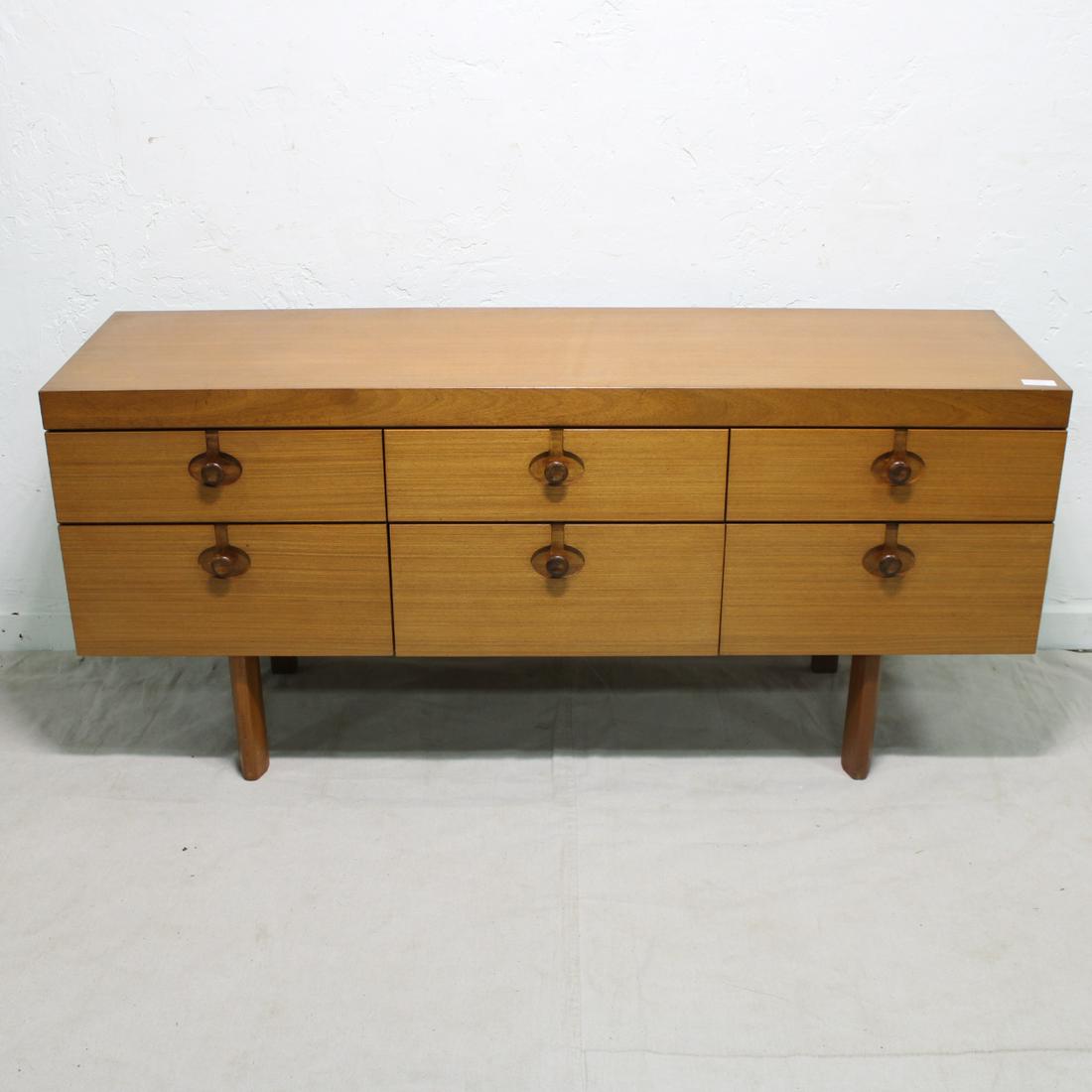 Mid Century Modern 6 Drawer Low Chest by Nathan: This Danish Modern Style low chest would work at as a sideboard or credenza and is British and made by Mid Century Modern Furniture Maker Nathan. 29 in tall x 62 wide x 19 deep - Matches Lot 122