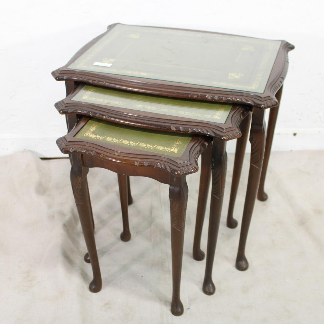 Nest of three Tables With Queen Anne Legs: Nest of three Tables With Queen Anne Legs & Glass Tops. 21 tall x 23 wide x 17 deep
