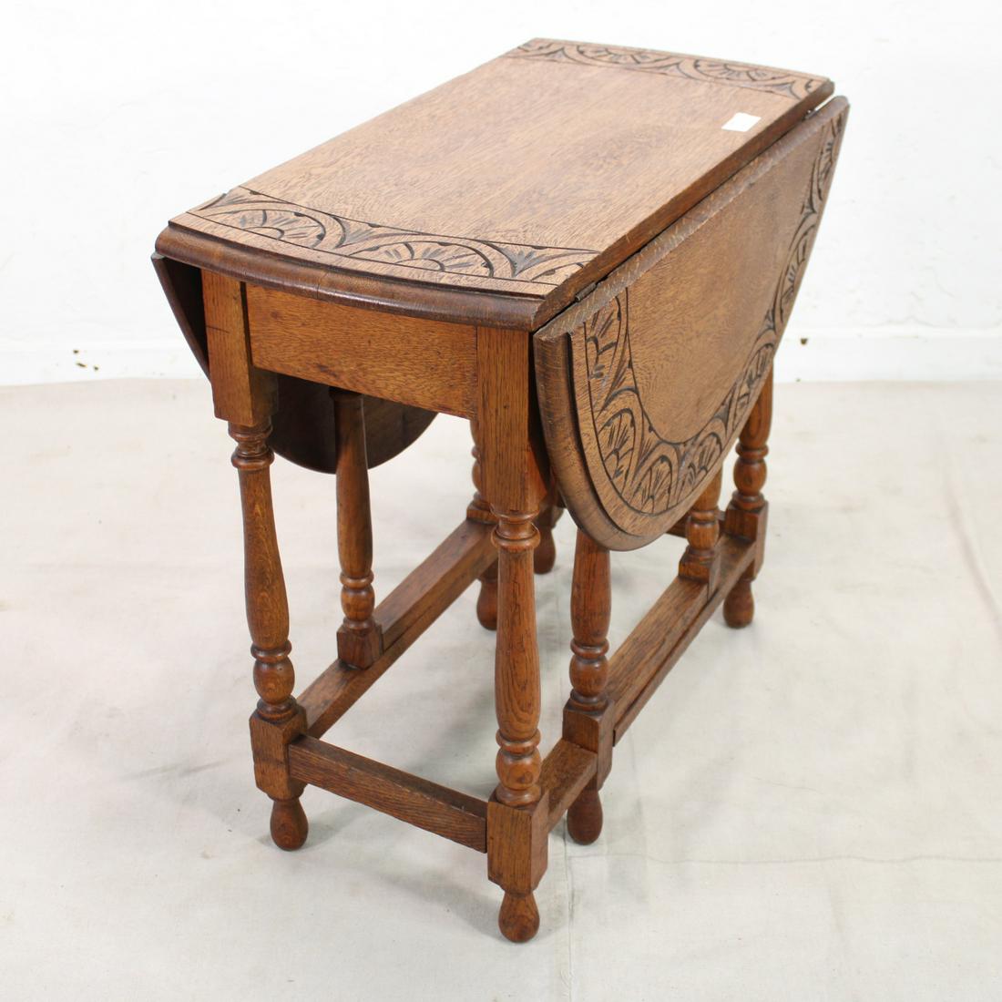 Drop Leaf Table from England with Carved Top: Drop Leaf Table from England with Carved Top - 28 tall x 41 x 30