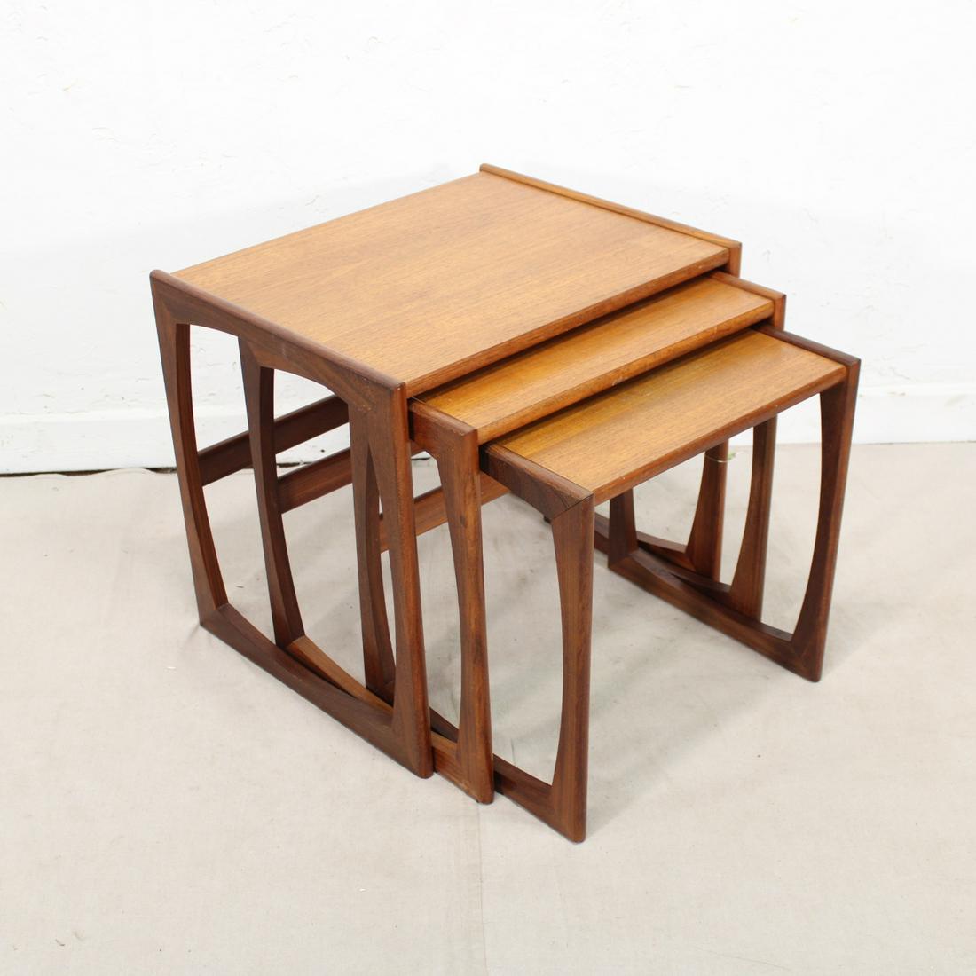Quadrille Nest By G-Plan: This Danish Modern Style Nest is British and made by Mid Century Modern Furniture Maker G Plan ( Gplan ) it stacks to make a bookcase as well. Measurement for largest table is 20in tall x 22 wide x18 