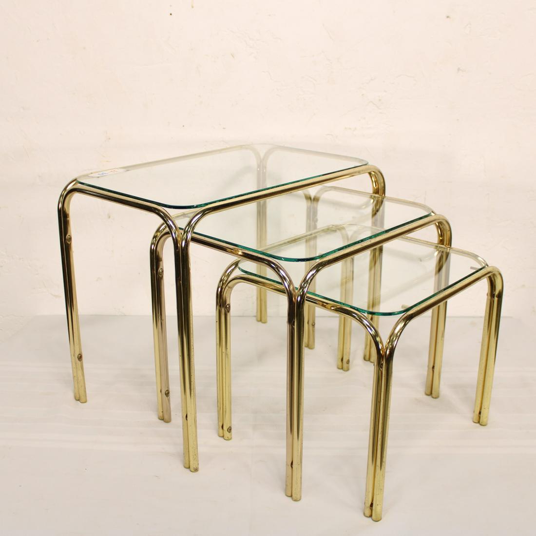 Brass & Glass Nest of Three Tables: Brass & Glass Nest of Three Tables - 16 tall x 19 x 12