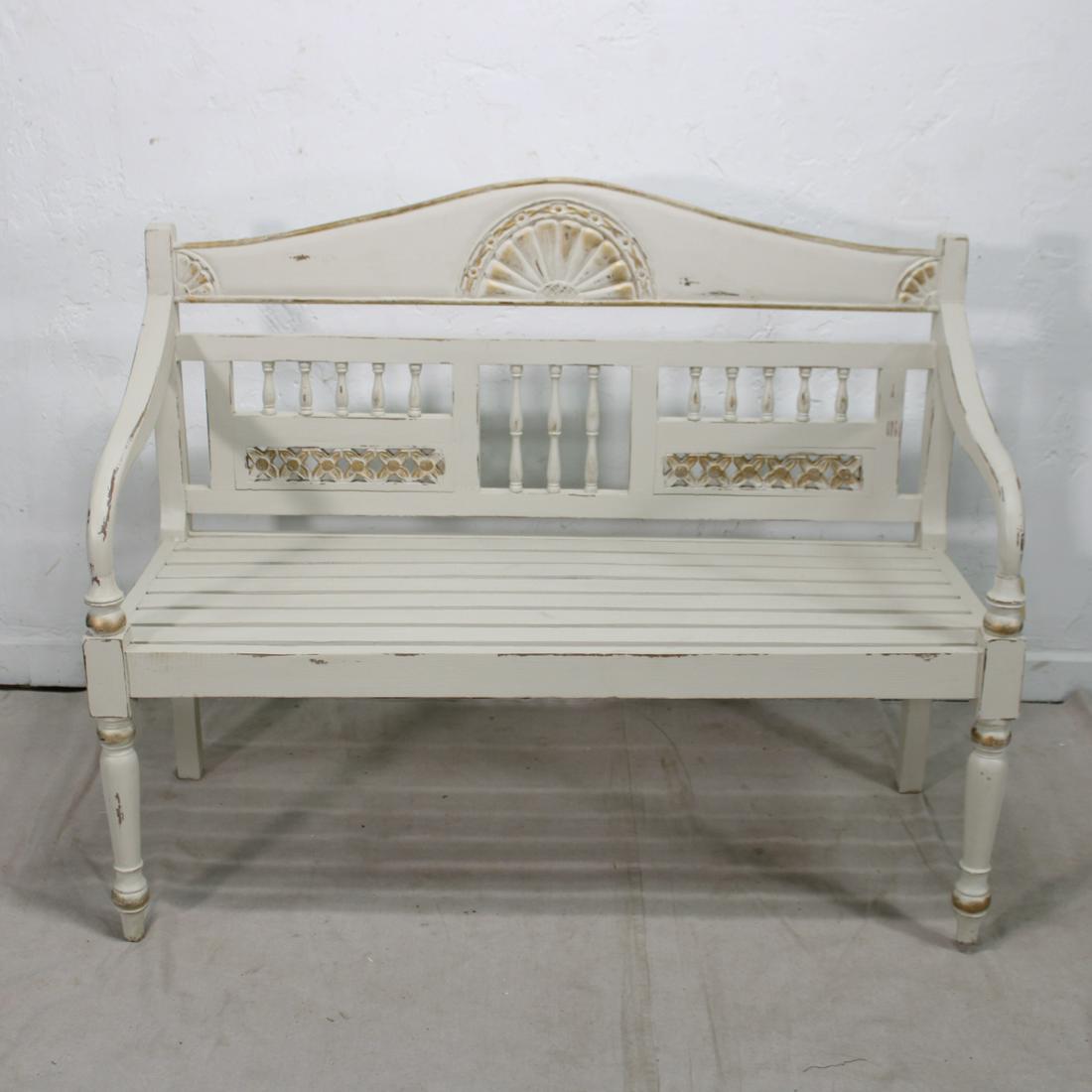 Carved Teak Bench - White Chalk Paint, Gold Accent (1 of 3)