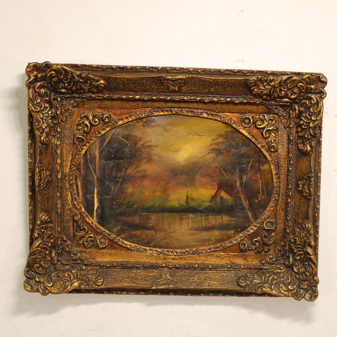 Gold Framed Painting of a Pond at Dusk (1 of 3)
