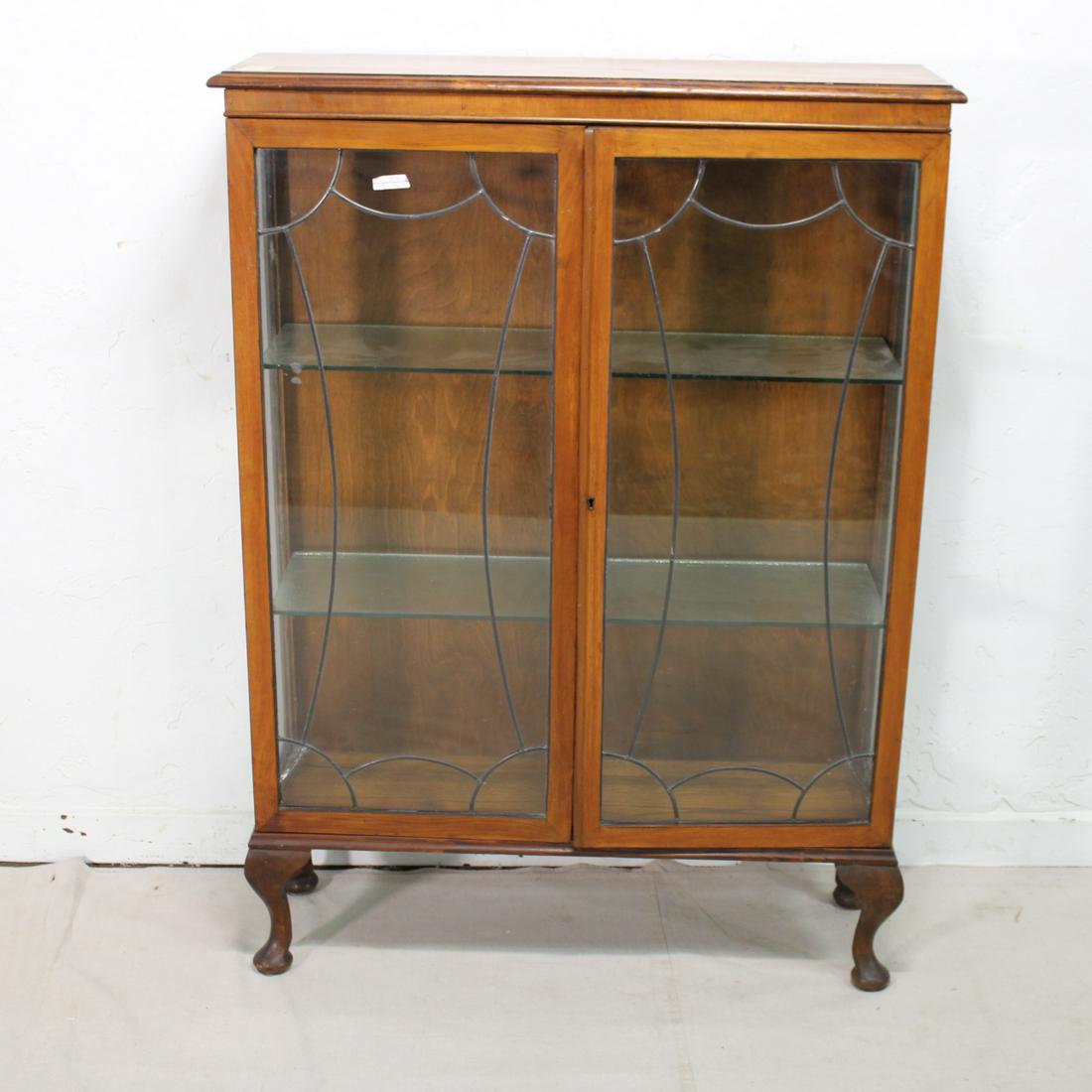English Oak China Cabinet, Leaded Glass - Queen Anne: English Oak China Cabinet, Leaded Glass - Queen Anne Legs - 51 tall x 37 x 11