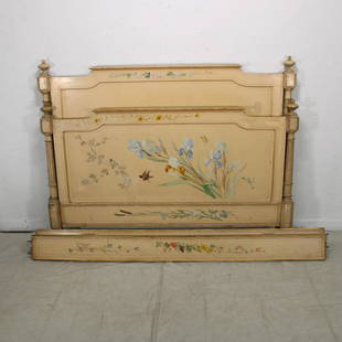Louis XVI style hand painted French bed: Louis XVI style hand painted bed oak depicting small garden birds and flowers . Headboard is 50 in tall x 63 in side, rails are 75in long. This is a French Size Bed and can easily be converted to an