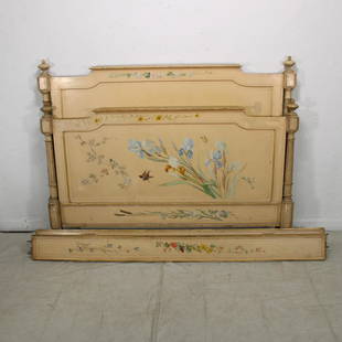 Louis XVI style hand painted French bed: Louis XVI style hand painted bed oak depicting small garden birds and flowers . Headboard is 50 in tall x 63 in side, rails are 75in long. This is a French Size Bed and can easily be converted to an