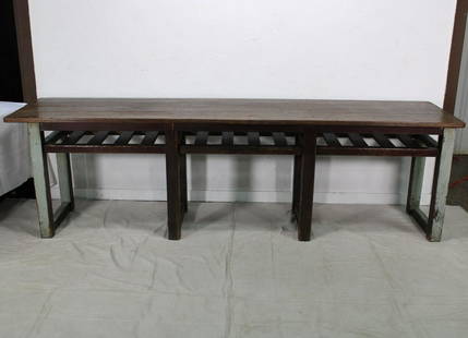 Huge  Work Table from England: Exceptionally long antique work table from England, painted base with pale blue sides. 33 tall x104 long x 26 deep