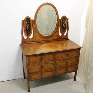 British Oak Dresser with Asian Motif & Mirror: British Oak Dresser with Asian Motif & Mirror - 61 in tall x 43 wide x 20 deep - matches lot 51 , 53 & 54.