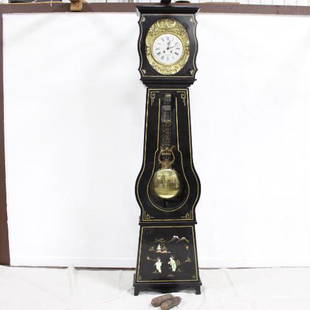 French Painted Tall Mobilier Clock with Asian Motif: French Painted Tall Mobilier Clock with Asian Motif. Includes, weights and pendulum