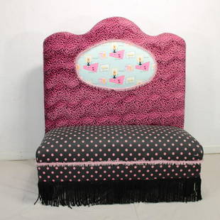 High Back Pink Cheetah Print Settee: High Back Pink Cheetah Print Settee with Black Fringe Trim - 57 in tall x 50 x 26